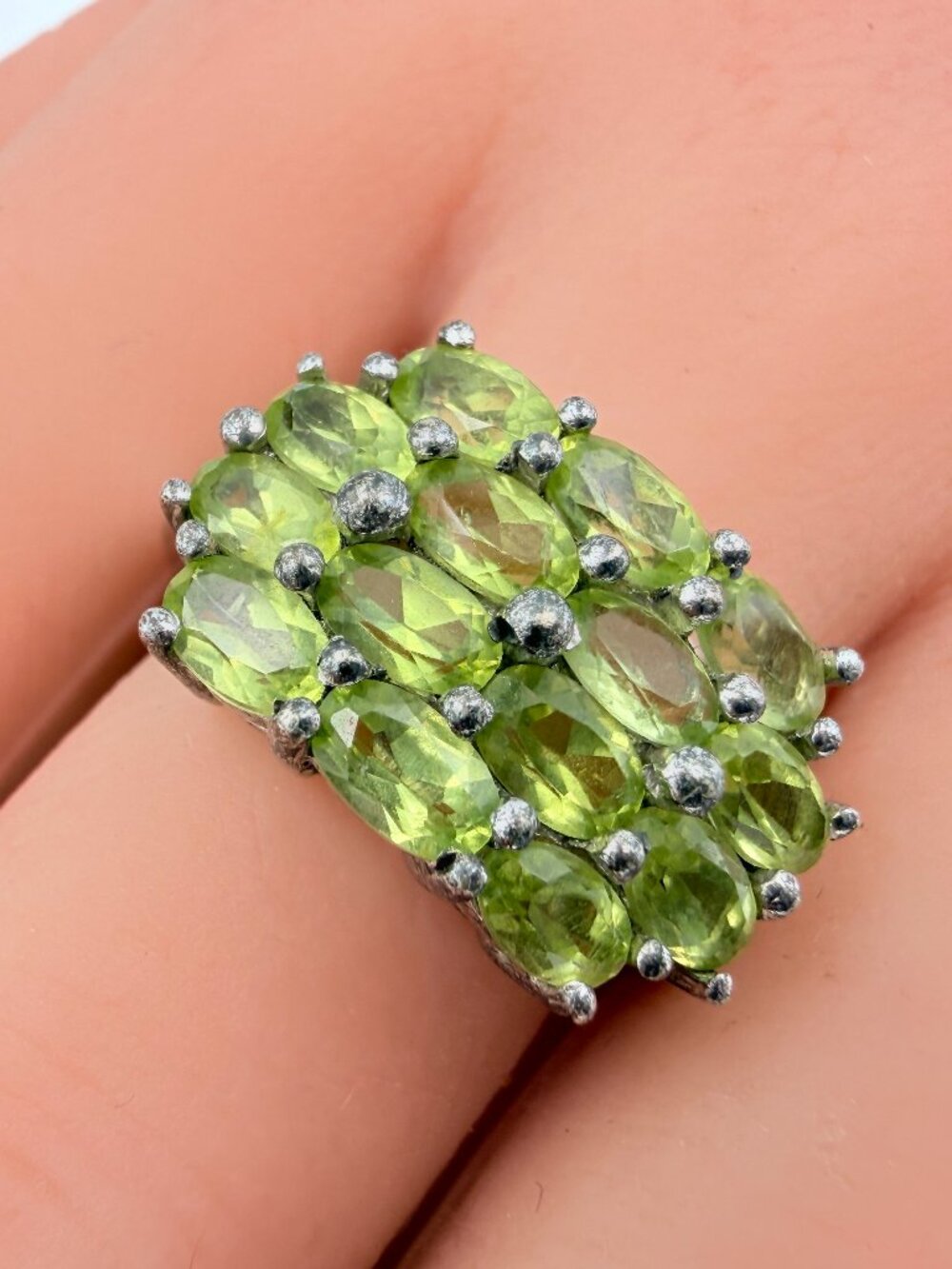 Marked Sterling Silver Peridot Cluster Statement Cocktail Ring Sz 8